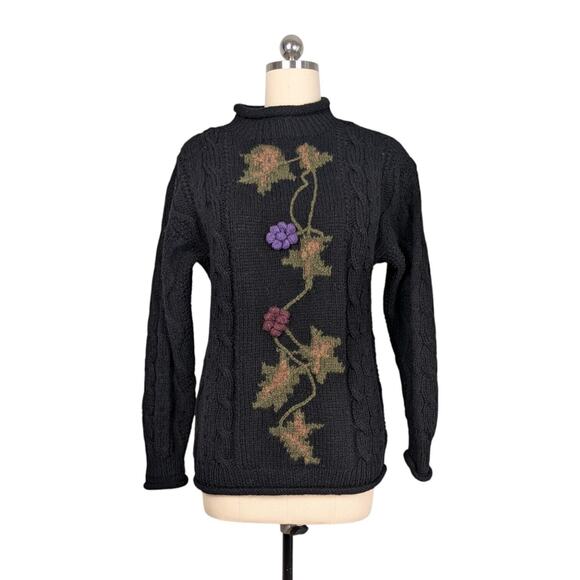 Vintage Floral Sweater M Black Wool 90s Roll Collar Cable 3D Knit Whimsigoth - Picture 2 of 11